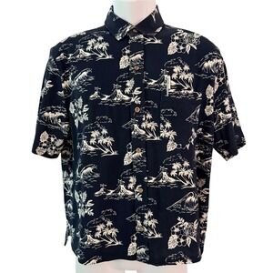 Tailor Vintage Hawaiian Shirt M Navy Blue Tropical Island Print Stretch Aloha